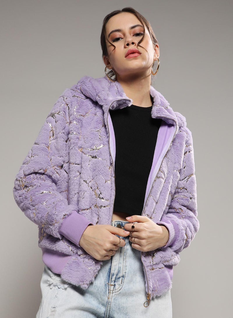Campus Sutra Women's Lilac Metallic Veined Faux Fur Jacket  - Image 2