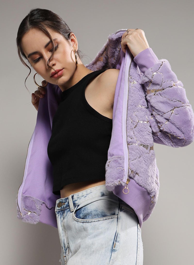 Campus Sutra Women's Lilac Metallic Veined Faux Fur Jacket  - Image 3