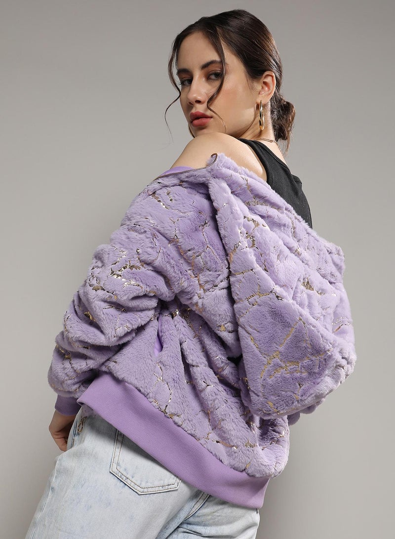 Campus Sutra Women's Lilac Metallic Veined Faux Fur Jacket  - Image 5