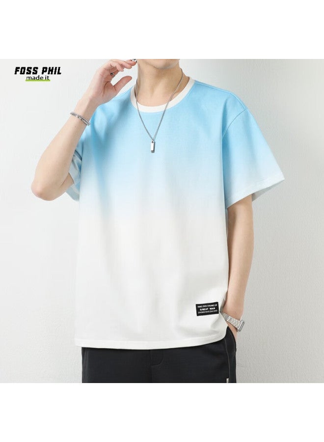Foss Phil Men's Thin Cotton Casual Short Sleeve T-shirt With Gradient Loose Fit Trendy Round Neck Top 865 White Blue L - Image 1