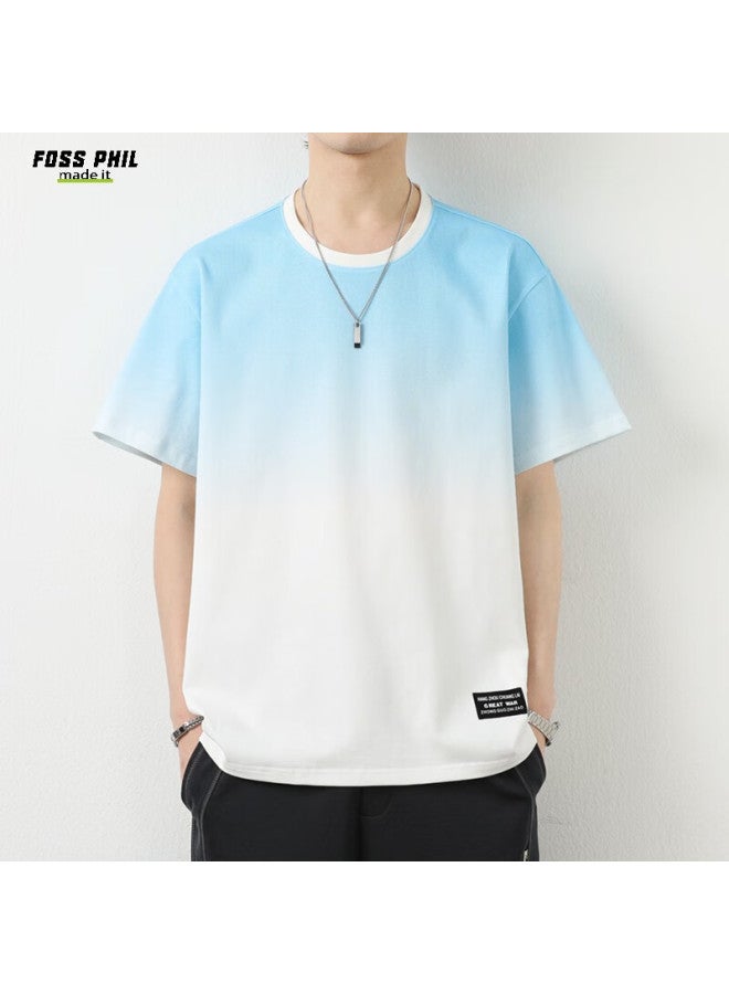 Foss Phil Men's Thin Cotton Casual Short Sleeve T-shirt With Gradient Loose Fit Trendy Round Neck Top 865 White Blue L - Image 3