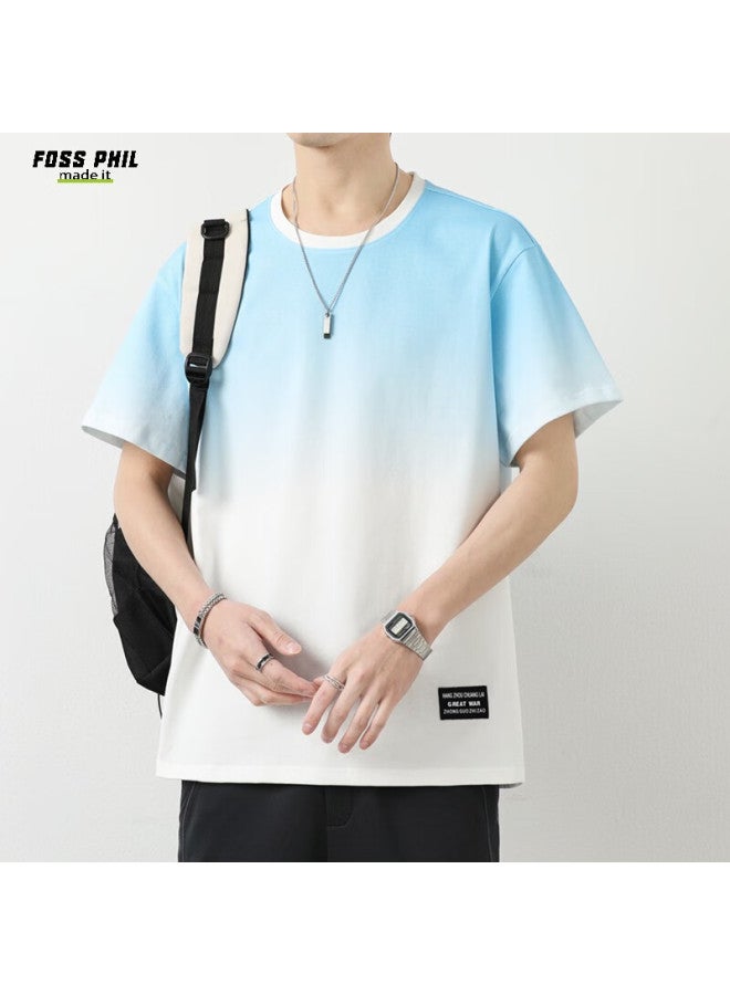 Foss Phil Men's Thin Cotton Casual Short Sleeve T-shirt With Gradient Loose Fit Trendy Round Neck Top 865 White Blue L - Image 5