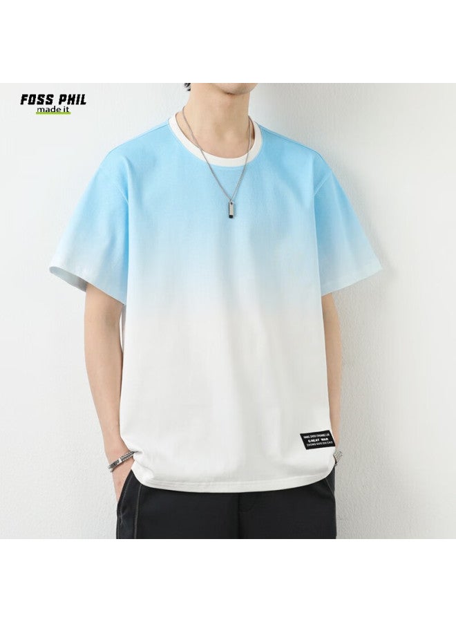 Foss Phil Men's Thin Cotton Casual Short Sleeve T-shirt With Gradient Loose Fit Trendy Round Neck Top 865 White Blue L - Image 2