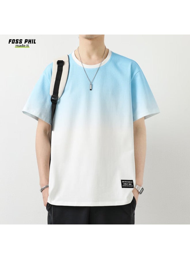 Foss Phil Men's Thin Cotton Casual Short Sleeve T-shirt With Gradient Loose Fit Trendy Round Neck Top 865 White Blue L - Image 4