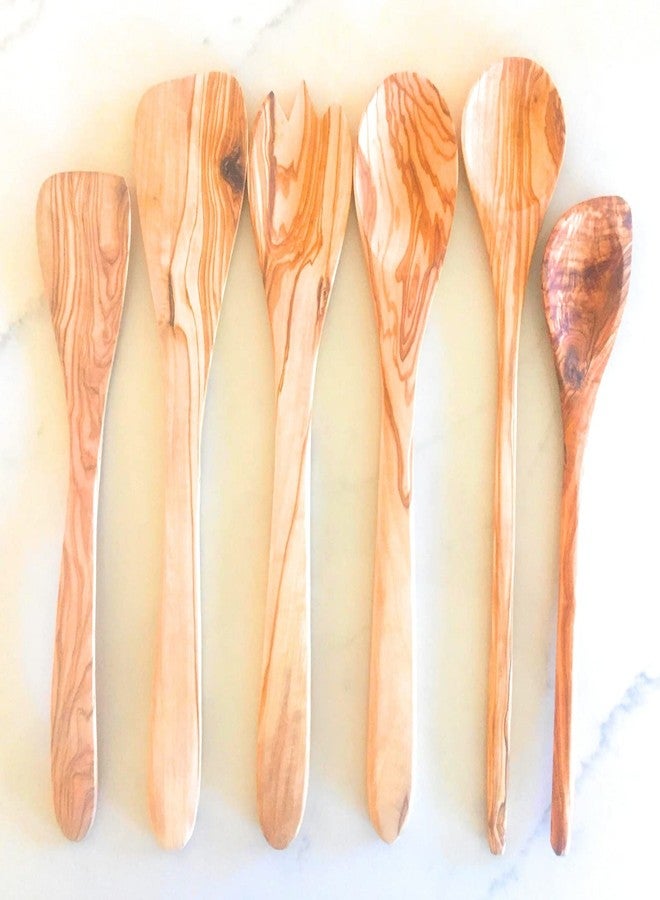 ORCHARD HARDWOODS 6 Pc 12"/14" Long Handle Olive Wood Utensil Set- by Orchard Hardwoods- Elegant Artisan Utensils for Non-Stick Cooking, Serving, Salads - Image 1