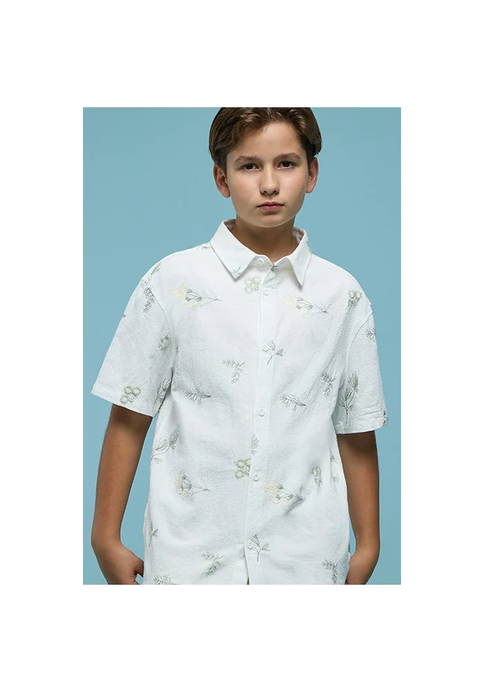 R&b Embroidered Shirt with Classic Collar and Short Sleeves