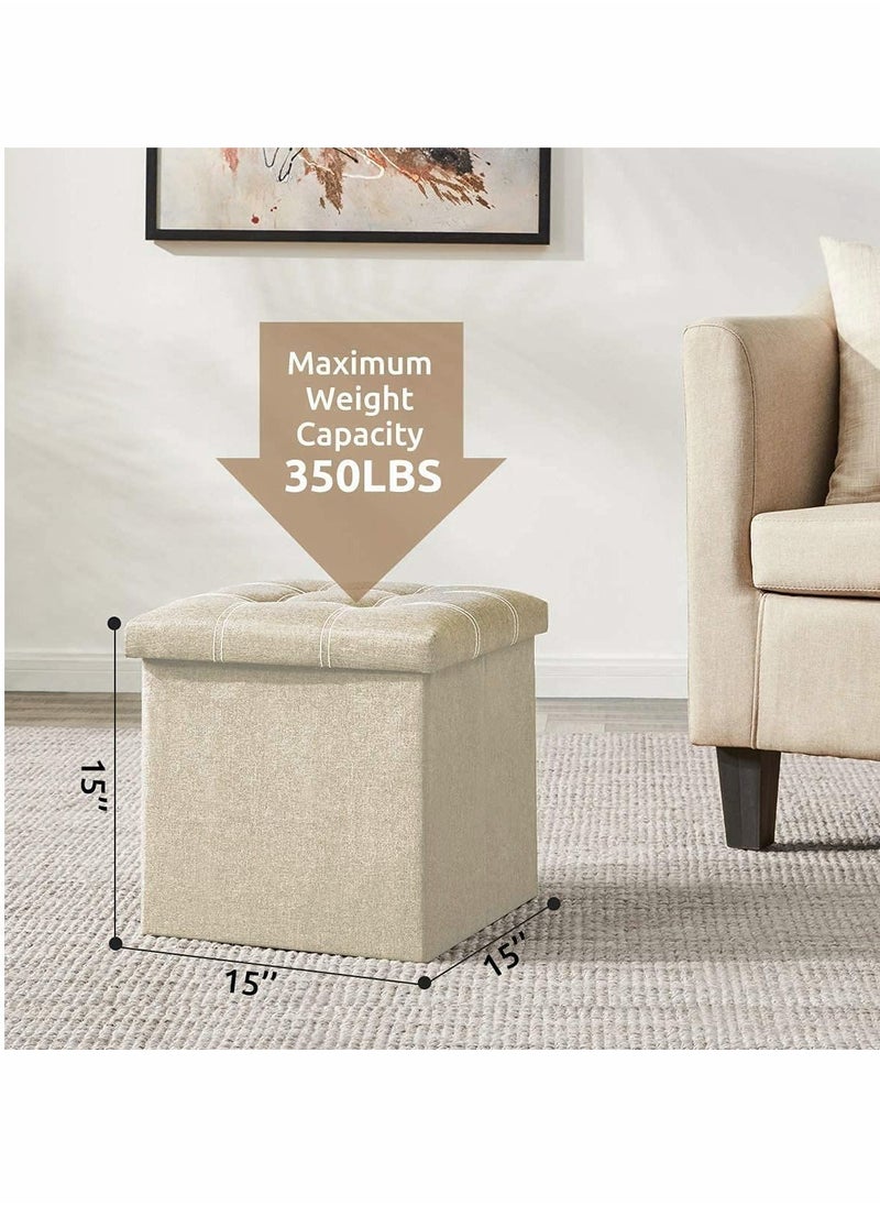 Generic 15 inches Storage Ottoman Cube Foldable Boxes Footrest Step Stool Padded Seat for Dorm Living Room Support 350lbs Line Fabric (Beige)  - Image 5