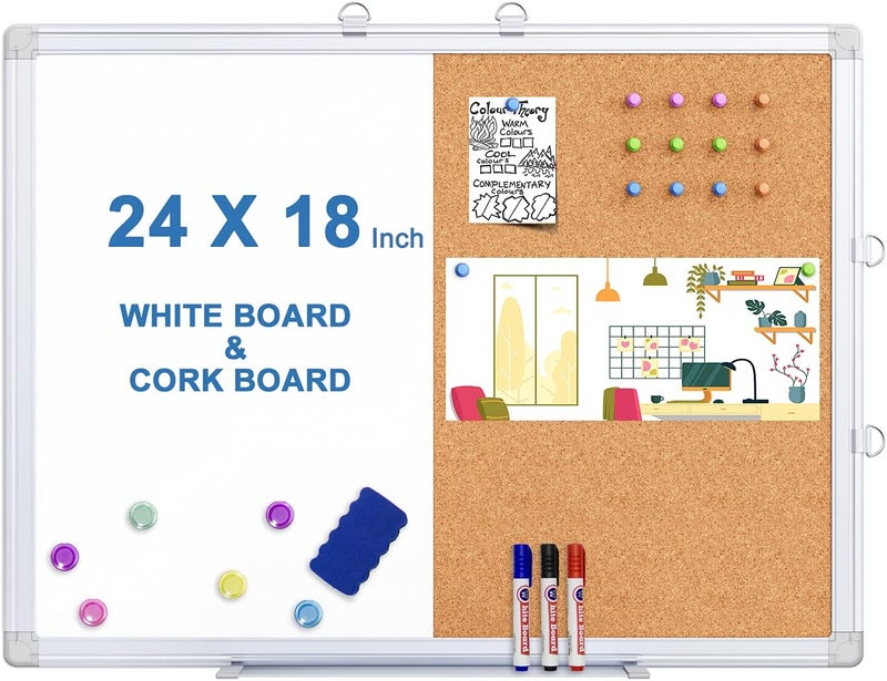 Tripollo Magnetic White Board and Cork Board Combo, 24 X 18 inches Whiteboard Bulletin Combination Board, Wall Mounted Dry Erase Message Board for Home, School and Office - Image 1