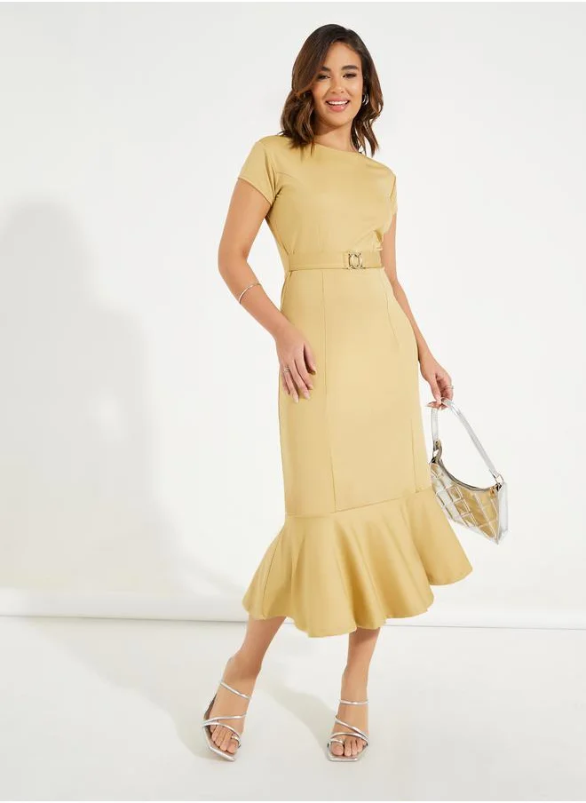 Styli Knitted Frill Hem Belted Sheath Midi Dress