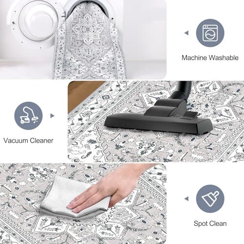 Yamaziot Washable Runner Rug, 2x8 Non-Slip Boho Vintage Hallway Rug with Rubber Backing, Low Pile Faux Wool Distressed Carpet Runner for Bedroom, Kitchen, Laundry, Entrance - Image 4