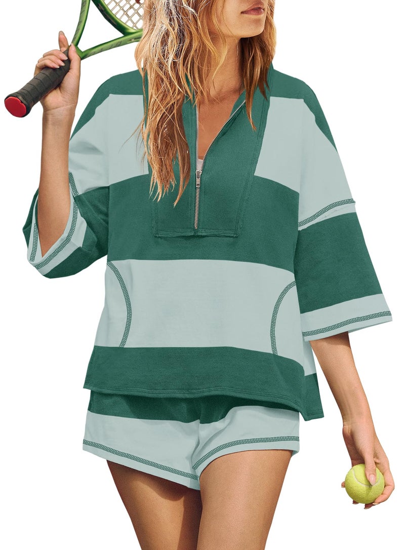 Yanekop Womens 2 Piece Outfits Summer Striped Lounge Set Two Piece Matching Workout Sets Oversized Short Sets Tracksuits(Green Mixed,S) - Image 1