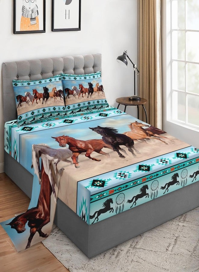 WeCozy Queen Size Bed Sheet Sets with Pillowcases, Horses Desert Animal 4 Pcs Soft Microfiber Bedding for Kids and Adults, Tribal Farm Sunset Run Flat, Fitted Sheet for Bedroom Bed Decor - Image 1