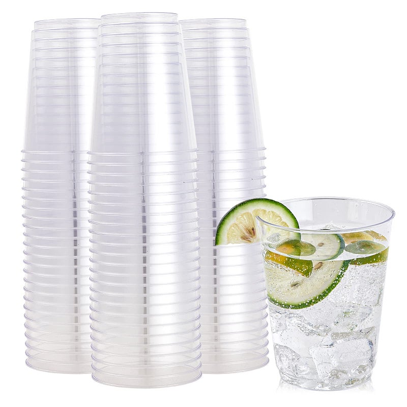 FOCUSLINE 10 oz Clear Plastic Cups Disposable Heavy Duty Hard Plastic Cups Reusable 100 Count