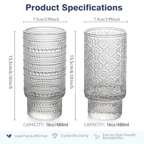 POLIDREAM 16oz Drinking Glasses Set of 4, 2 Hobnail Glasses & 2 Embossed Water Goblets, Flower Design Stackable Vintage Tumbler Glasses, Old Fashion Beaded Glass Cups for Cocktail, Iced Coffee, Beer - Image 2