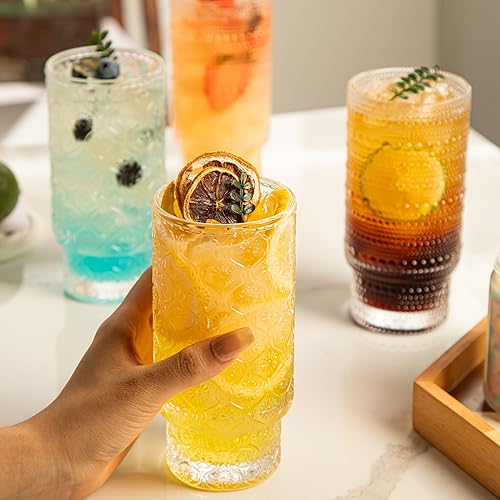 POLIDREAM 16oz Drinking Glasses Set of 4, 2 Hobnail Glasses & 2 Embossed Water Goblets, Flower Design Stackable Vintage Tumbler Glasses, Old Fashion Beaded Glass Cups for Cocktail, Iced Coffee, Beer - Image 5