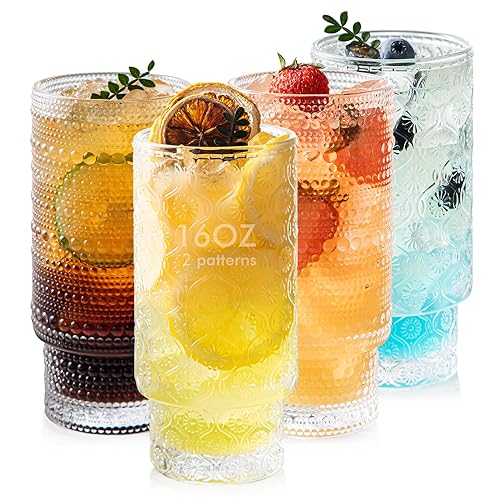 POLIDREAM 16oz Drinking Glasses Set of 4, 2 Hobnail Glasses & 2 Embossed Water Goblets, Flower Design Stackable Vintage Tumbler Glasses, Old Fashion Beaded Glass Cups for Cocktail, Iced Coffee, Beer - Image 1