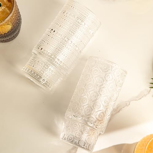 POLIDREAM 16oz Drinking Glasses Set of 4, 2 Hobnail Glasses & 2 Embossed Water Goblets, Flower Design Stackable Vintage Tumbler Glasses, Old Fashion Beaded Glass Cups for Cocktail, Iced Coffee, Beer - Image 4