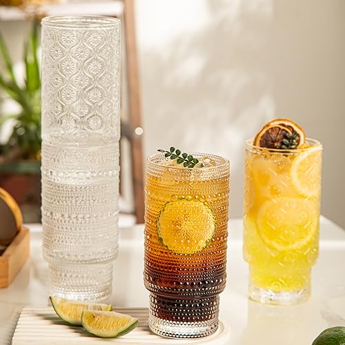 POLIDREAM 16oz Drinking Glasses Set of 4, 2 Hobnail Glasses & 2 Embossed Water Goblets, Flower Design Stackable Vintage Tumbler Glasses, Old Fashion Beaded Glass Cups for Cocktail, Iced Coffee, Beer - Image 3
