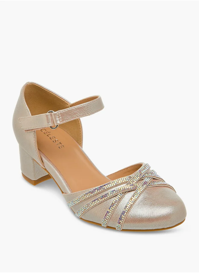 Celeste Girls Embellished Block Heel Shoes with Hook and Loop Closure