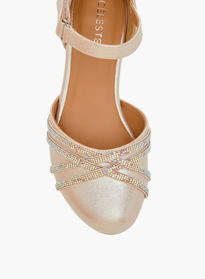 Celeste Girls Embellished Block Heel Shoes with Hook and Loop Closure
