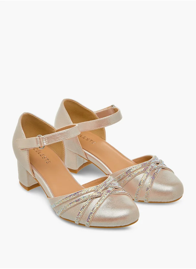 Celeste Girls Embellished Block Heel Shoes with Hook and Loop Closure