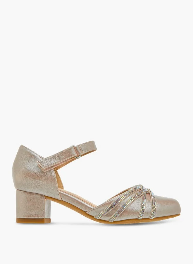 Celeste Girls Embellished Block Heel Shoes with Hook and Loop Closure