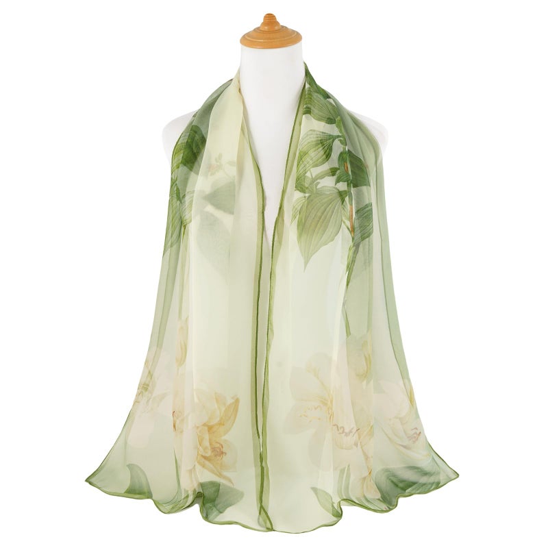 E-Clover Floral Scarf for Women Lightweight Green Flower Chiffon Sheer Scarf Fashion Chiffon Shawl Wraps - Image 3