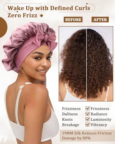 AWAYTR Mulberry Silk Bonnet for Sleeping Silk Sleep Bonnet with Tie Band for Curly Hair Men and Women Rose Gold - Image 3
