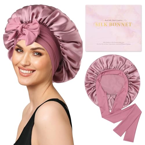 AWAYTR Mulberry Silk Bonnet for Sleeping Silk Sleep Bonnet with Tie Band for Curly Hair Men and Women Rose Gold - Image 1