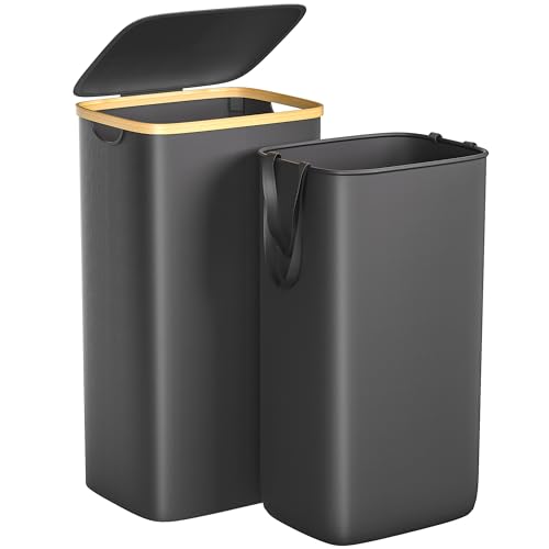Foluck Large Laundry Hamper, 100L Waterproof Laundry Basket with Lid and Removable Bag, Collapsible Tall Clothes Hamper with Bamboo Handles for Clothes Toys in Dorm Bedroom Bathroom, Black - Image 1