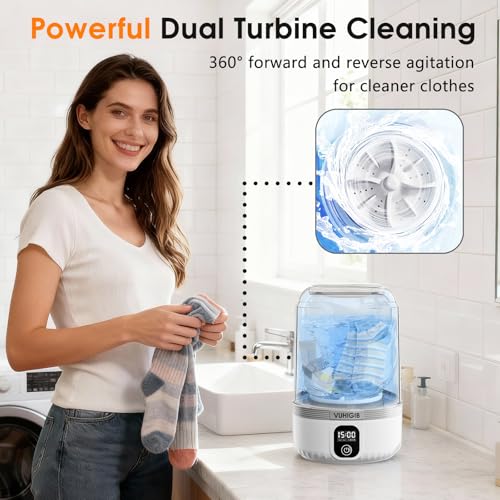 VUHIGIB Portable Washing Machine, 7000mAh Rechargeable Wireless Washer with 10 PCS Clothespins Deep Cleans Baby Clothes Underwear Socks Delicates 1.5L Mini Washer for Travel Camping Dorm RV Apartment (White) - Image 5