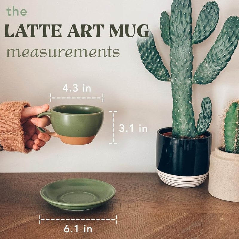 Mora CERAMICS HIT PAUSE Latte Art Mug With Saucer - 10.5 oz, Round Bottom For Perfect Pours - Cafe Cups for Cappuccino, Espresso, Coffee, Tea etc - Porcelain Set for Baristas, Great Gift - Moss Green - Image 2