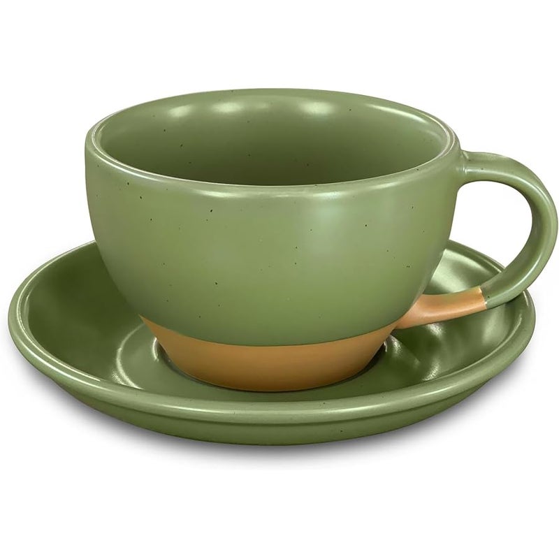 Mora CERAMICS HIT PAUSE Latte Art Mug With Saucer - 10.5 oz, Round Bottom For Perfect Pours - Cafe Cups for Cappuccino, Espresso, Coffee, Tea etc - Porcelain Set for Baristas, Great Gift - Moss Green - Image 1