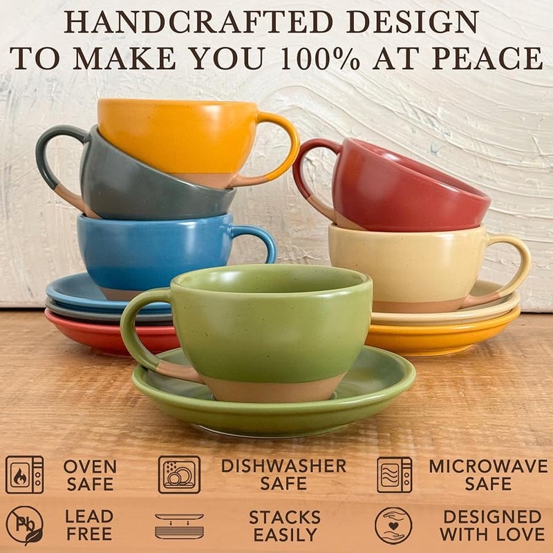 Mora CERAMICS HIT PAUSE Latte Art Mug With Saucer - 10.5 oz, Round Bottom For Perfect Pours - Cafe Cups for Cappuccino, Espresso, Coffee, Tea etc - Porcelain Set for Baristas, Great Gift - Moss Green - Image 4