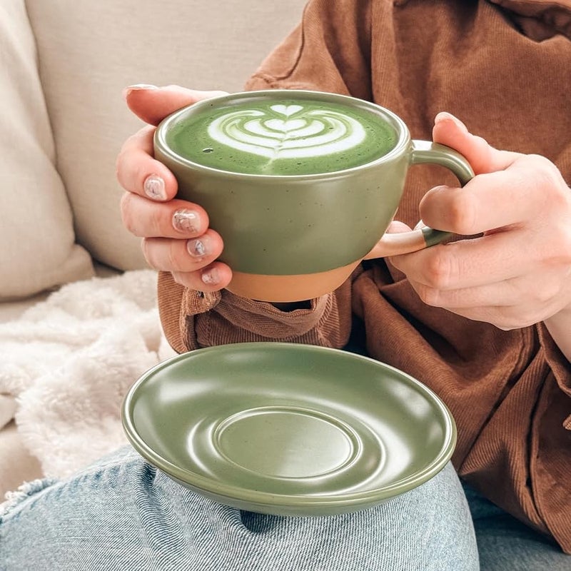 Mora CERAMICS HIT PAUSE Latte Art Mug With Saucer - 10.5 oz, Round Bottom For Perfect Pours - Cafe Cups for Cappuccino, Espresso, Coffee, Tea etc - Porcelain Set for Baristas, Great Gift - Moss Green - Image 5