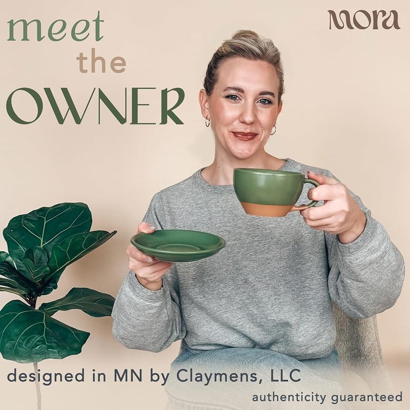 Mora CERAMICS HIT PAUSE Latte Art Mug With Saucer - 10.5 oz, Round Bottom For Perfect Pours - Cafe Cups for Cappuccino, Espresso, Coffee, Tea etc - Porcelain Set for Baristas, Great Gift - Moss Green - Image 3