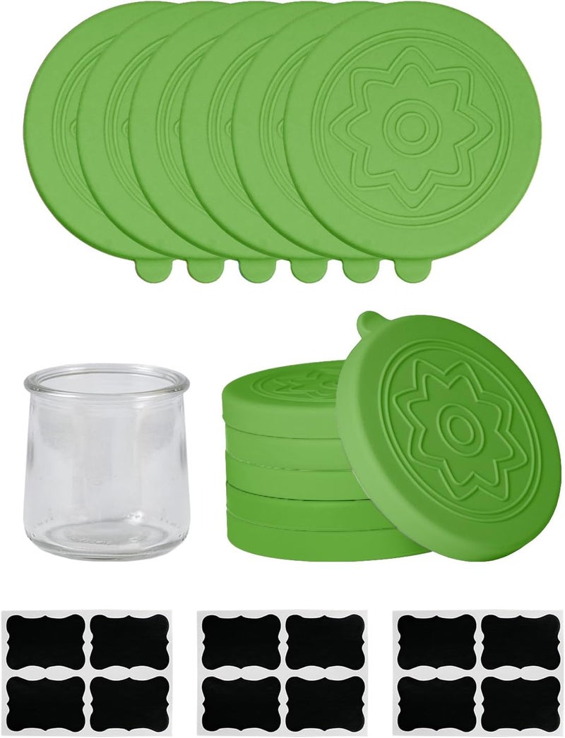 TERESRY 12 Pack Silicone Oui Yogurt Jar Lids with 8 Labels, Food-Grade Lids for 5Oz Oui Yogurt Jars, Reusable Silicone Canning Covers Perfect for Oui Yogurt Bottle, Green(Jar not Includ) - Image 1