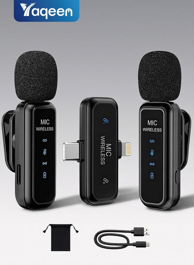 Yaqeen Wireless Microphone for iPhone Ipad & Android Phone, 2 In 1 Wireless Mic with USB C and Lightning Interface, Plug and Play Adaptive Noise Cancellation, Lapel Mic for Video Recording Youtube Podcast Vlogging (2 Pack) - Image 1