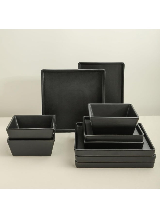 Stone Lain طقم أدوات المائدة المربعة من ستون لاين 24 قطعة من الخزف الأسود غير اللامع - Image 3