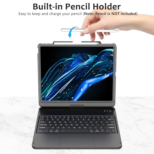 KBCASE Touch Keyboard Case for iPad Air 13 inch (M3/M2, 2025/2024)/for iPad Pro 12.9 inch 3rd/4th Gen 2018/2020, 360°Rotatable Case with Touchpad & Pencil Holder for iPad Air 13 inch/Pro 12.9 (Black) - Image 5