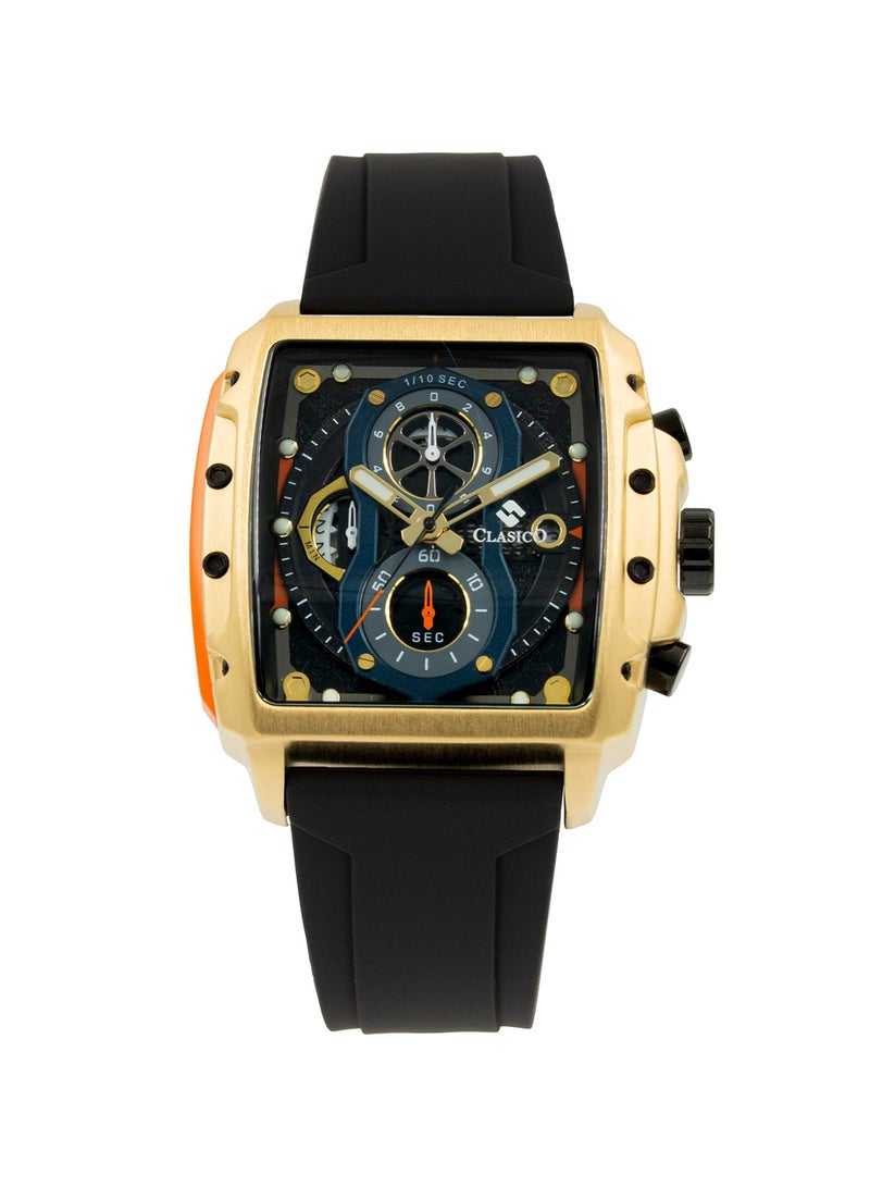 Clasico ساعة كرونوغراف للرجال من إندورانس - إصدار الأسود والذهبي | حركة كوارتز ي121 ذات 6 عقارب | قرص مستطيل مقاوم للماء | حزام سيليكون أصلي - Image 1