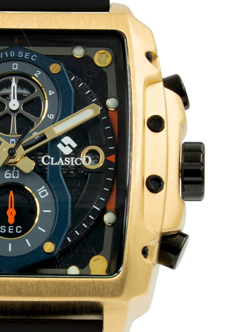 Clasico ساعة كرونوغراف للرجال من إندورانس - إصدار الأسود والذهبي | حركة كوارتز ي121 ذات 6 عقارب | قرص مستطيل مقاوم للماء | حزام سيليكون أصلي - Image 2