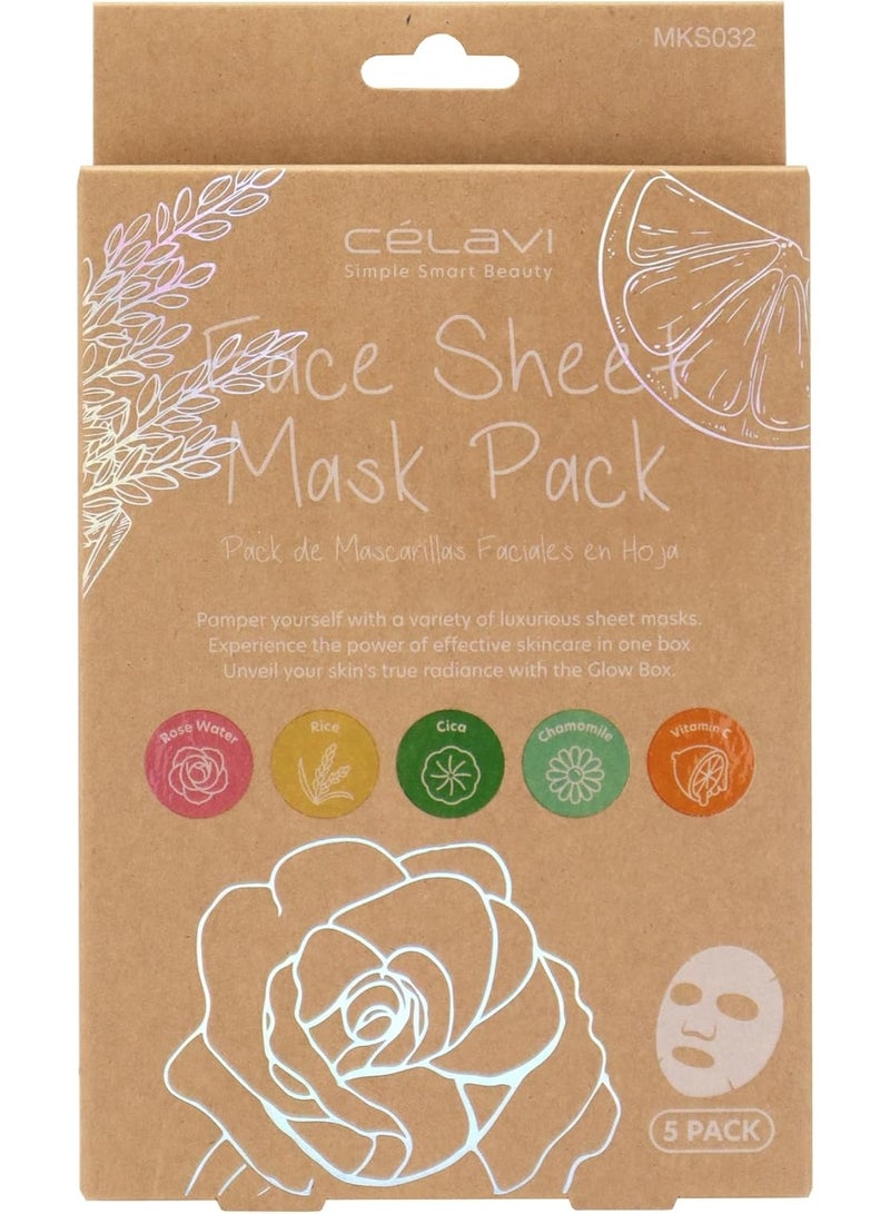 Celavi Essence Facial Sheet Face Mask Classic Authentic Korean Moisturizing Skincare, Pack of 5 (LIMITED EDITION)