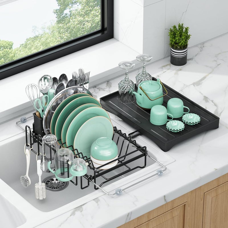Aufworld Dish Drying Rack, Expandable Rustproof Sink Dish Rack with Drainboard, Over Sink Dish Drainer for Kitchen Counter with Utensil Holder & Cup Rack, Space Saving Dish Dryer Rack for Inside Sink - Image 1