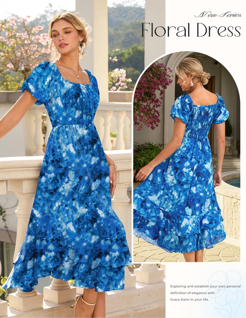 GRACE KARIN Womens Summer Floral Maxi Dress 2026 Flowy Wedding Guest Dress A Line Boho Dresses Fashion Clothing with Pockets Blue Floral 2XL - Image 2