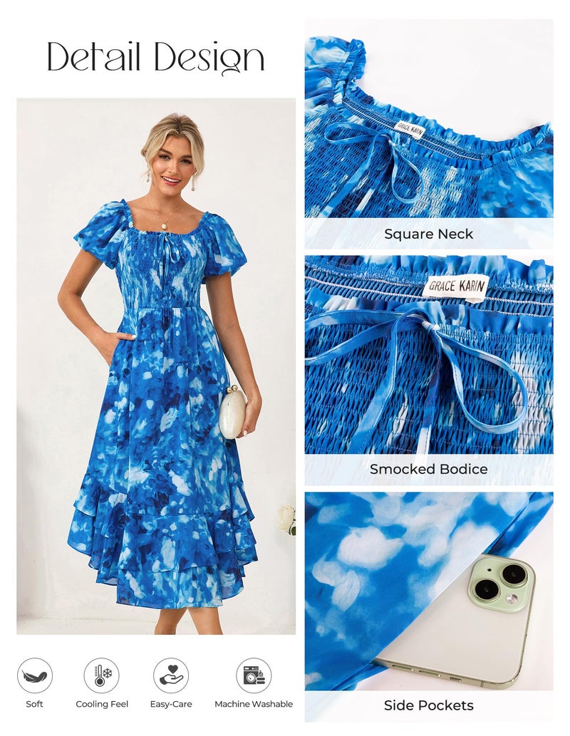 GRACE KARIN Womens Summer Floral Maxi Dress 2026 Flowy Wedding Guest Dress A Line Boho Dresses Fashion Clothing with Pockets Blue Floral 2XL - Image 4
