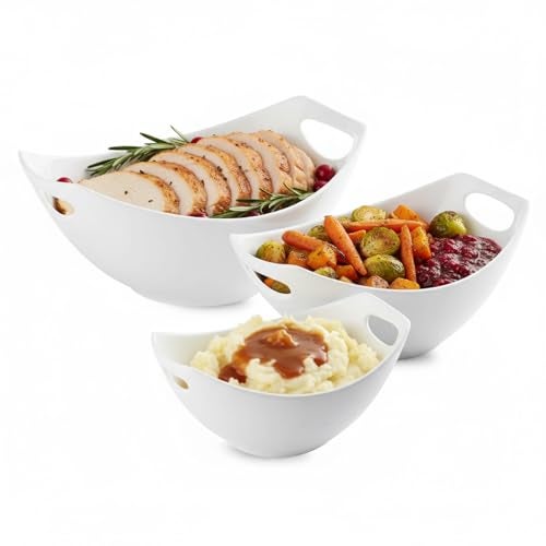 LAUCHUH Serving Bowls with Handles, Porcelain Serving Dishes White Nesting Bowls Mixing Bowl Set Salad Bowls for Entertaining, Party, Thanksgiving, Christmas, Baby Shower, Set of 3, 15/28/49 oz - Image 1