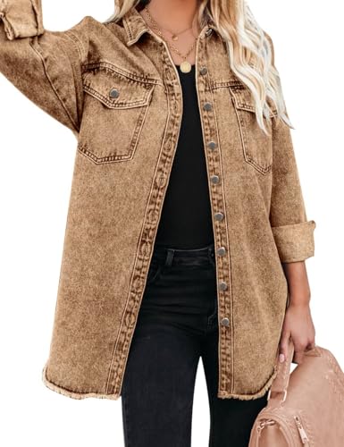 Vetinee Women's Women Jackets Oversized Boyfriend Almond Brown Front Button Up Frayed Raw Hem Long Sleeve Pockets Denim Jean Jacket Shacket Small Size 4 Size 6 - Image 3