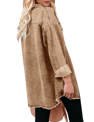 Vetinee Women's Women Jackets Oversized Boyfriend Almond Brown Front Button Up Frayed Raw Hem Long Sleeve Pockets Denim Jean Jacket Shacket Small Size 4 Size 6 - Image 2