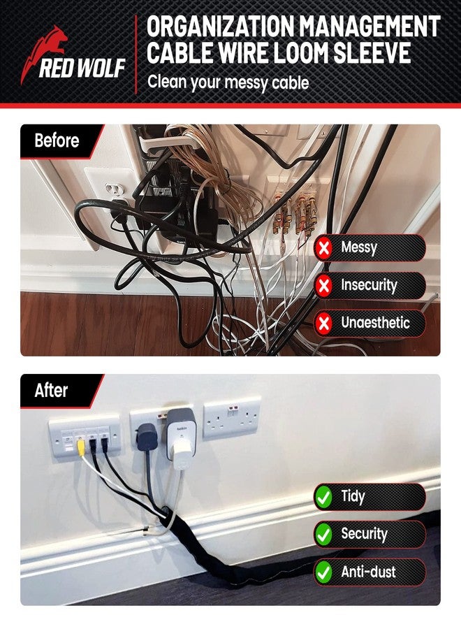 RED WOLF أكمام كابلات ريد وولف، مقاس 1/4 بوصة × 10 أقدام، لتنظيم الأسلاك، غلاف سلك مضفر، غطاء حماية، غطاء كابلات مرن ذاتي الالتفاف، مناسب للسيارات والمنازل والمكاتب، مقاوم للخدش ودرجات الحرارة العالية، أسود اللون - Image 4